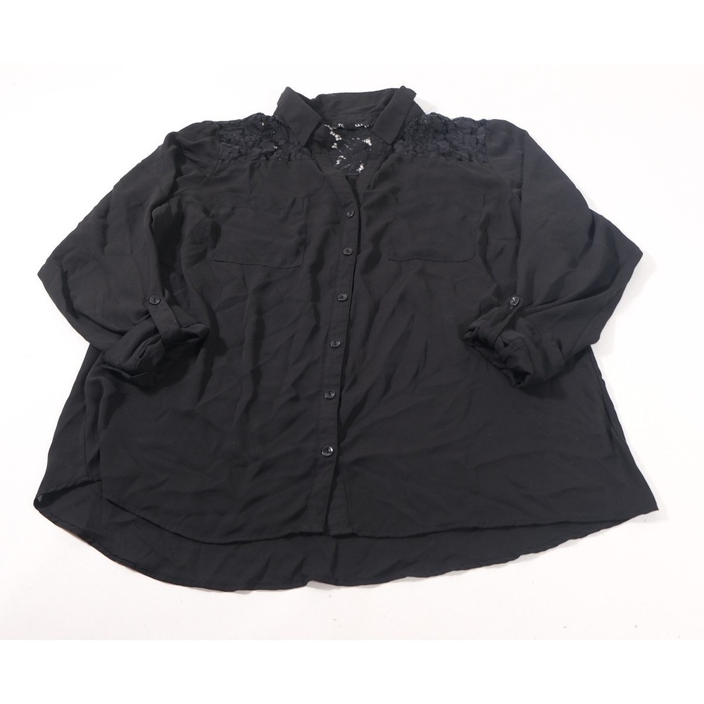 Roz & Ali Blouse Womens XL Black Button Down Lace Yoke Roll Tab Sleeve Casual